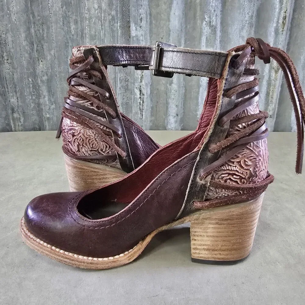 Freebird by Steven Burdgundy Tooled Leather Ankle Shoes Womens Sz 6 Raeanne